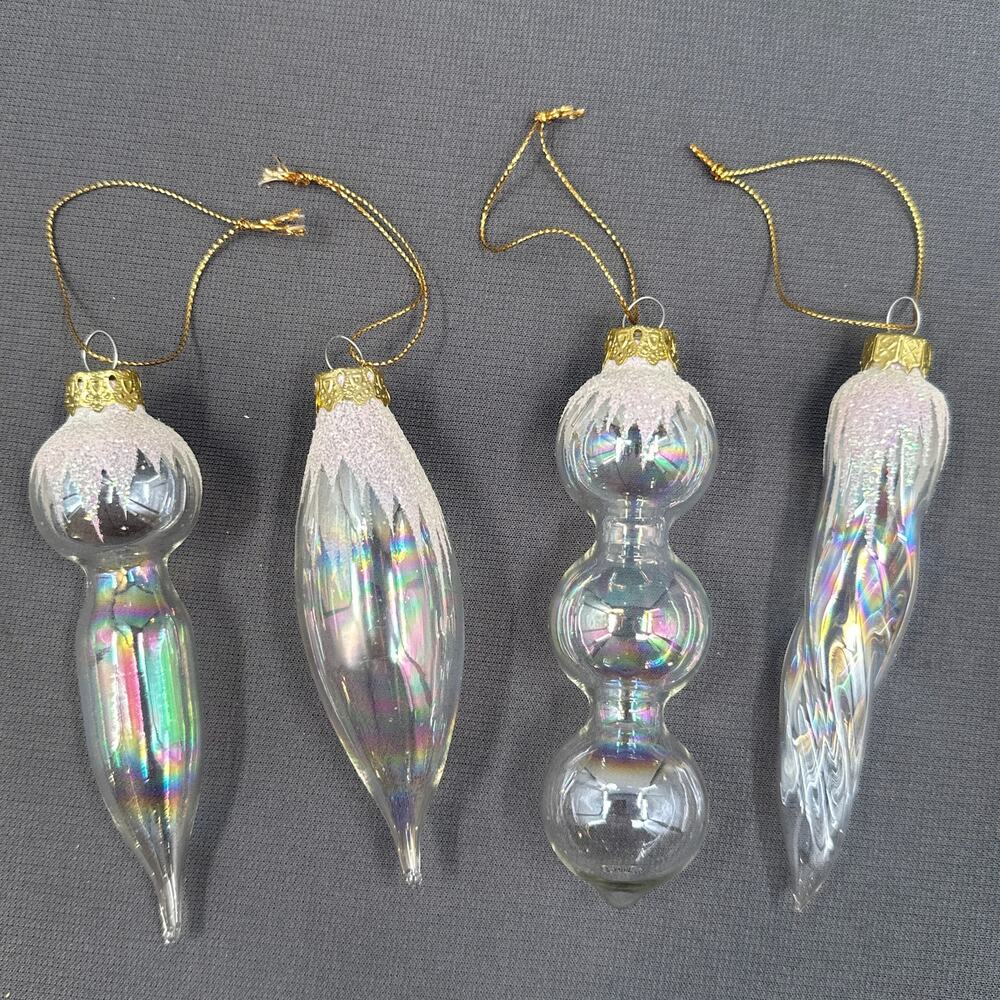 VTG Blown Glass Icicle Christmas Ornaments Clear Iridescent Glitter 4 pc Glam